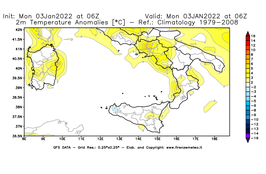 Mappa di analisi GFS - Anomalia Temperatura [°C] a 2 m in Sud-Italia
							del 03/01/2022 06 <!--googleoff: index-->UTC<!--googleon: index-->