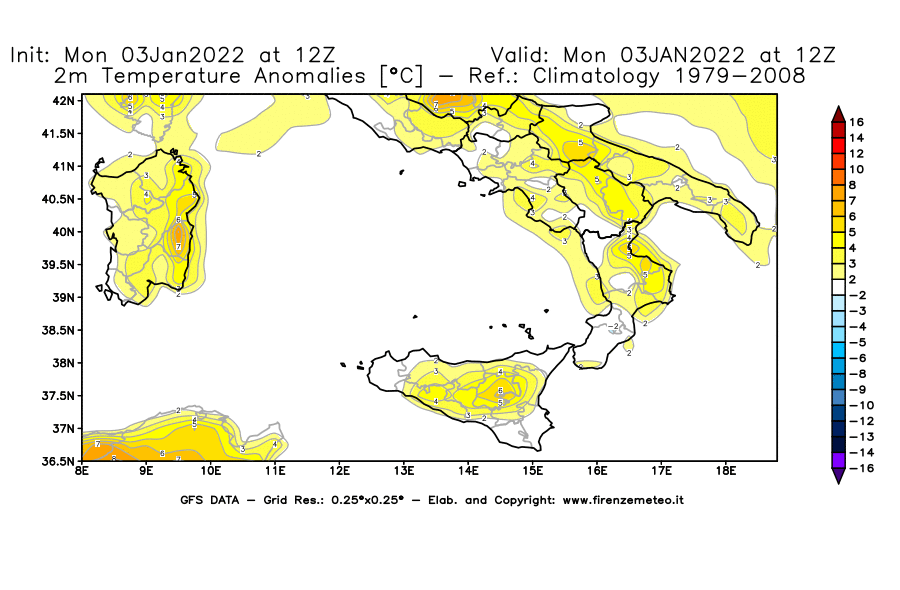 Mappa di analisi GFS - Anomalia Temperatura [°C] a 2 m in Sud-Italia
							del 03/01/2022 12 <!--googleoff: index-->UTC<!--googleon: index-->