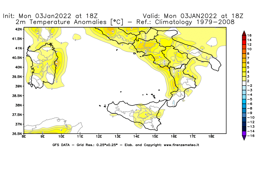 Mappa di analisi GFS - Anomalia Temperatura [°C] a 2 m in Sud-Italia
							del 03/01/2022 18 <!--googleoff: index-->UTC<!--googleon: index-->