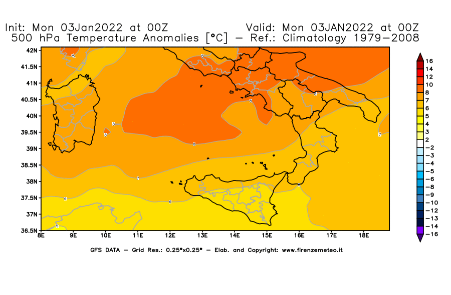 Mappa di analisi GFS - Anomalia Temperatura [°C] a 500 hPa in Sud-Italia
							del 03/01/2022 00 <!--googleoff: index-->UTC<!--googleon: index-->