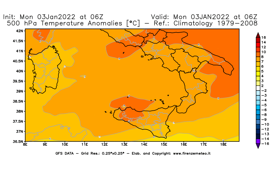 Mappa di analisi GFS - Anomalia Temperatura [°C] a 500 hPa in Sud-Italia
							del 03/01/2022 06 <!--googleoff: index-->UTC<!--googleon: index-->
