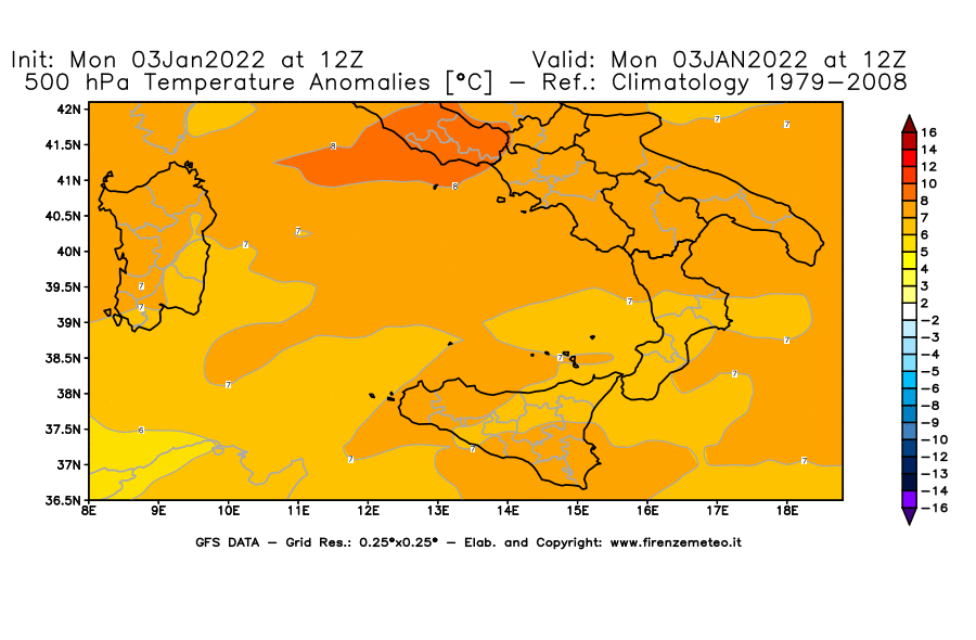 Mappa di analisi GFS - Anomalia Temperatura [°C] a 500 hPa in Sud-Italia
							del 03/01/2022 12 <!--googleoff: index-->UTC<!--googleon: index-->