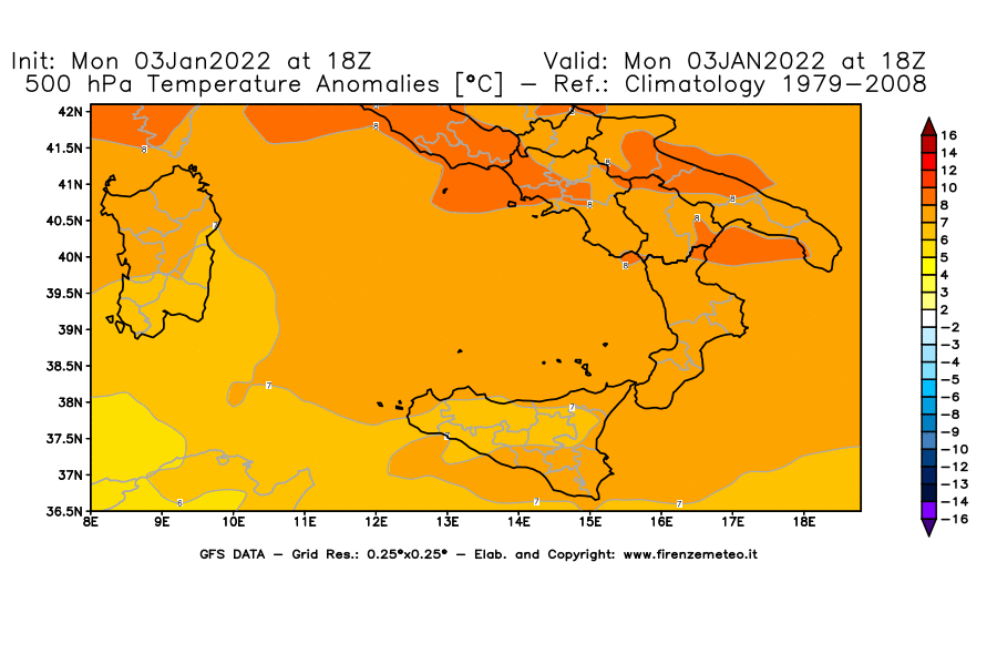 Mappa di analisi GFS - Anomalia Temperatura [°C] a 500 hPa in Sud-Italia
							del 03/01/2022 18 <!--googleoff: index-->UTC<!--googleon: index-->