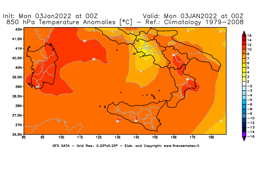 Mappa di analisi GFS - Anomalia Temperatura [°C] a 850 hPa in Sud-Italia
							del 03/01/2022 00 <!--googleoff: index-->UTC<!--googleon: index-->