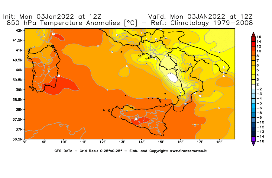Mappa di analisi GFS - Anomalia Temperatura [°C] a 850 hPa in Sud-Italia
							del 03/01/2022 12 <!--googleoff: index-->UTC<!--googleon: index-->