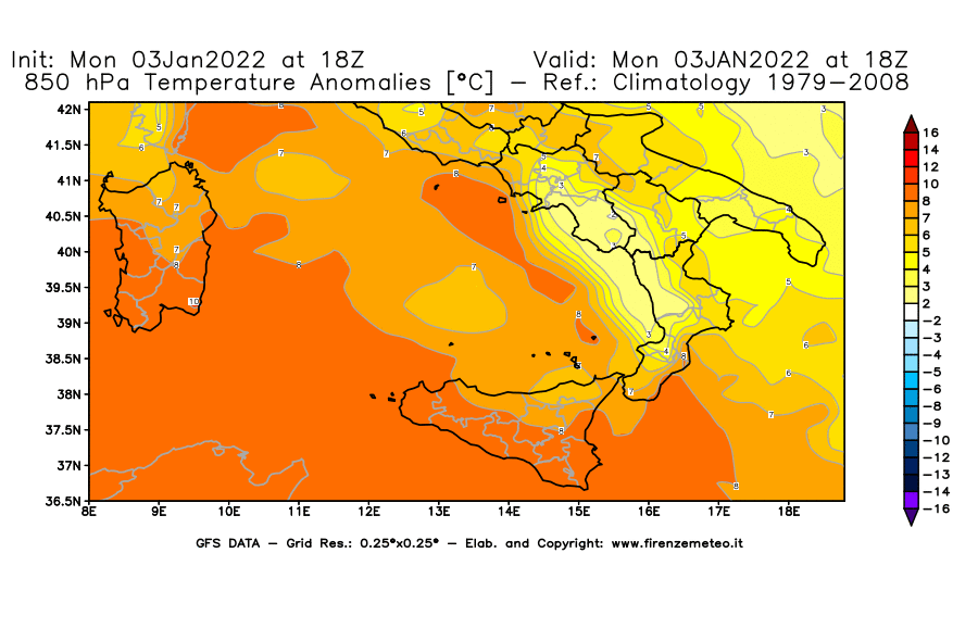 Mappa di analisi GFS - Anomalia Temperatura [°C] a 850 hPa in Sud-Italia
							del 03/01/2022 18 <!--googleoff: index-->UTC<!--googleon: index-->