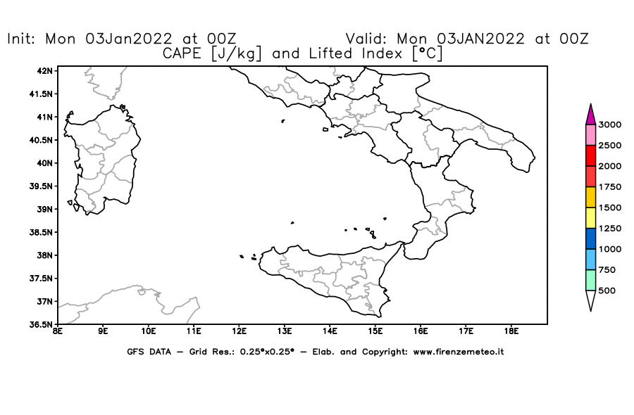 Mappa di analisi GFS - CAPE [J/kg] e Lifted Index [°C] in Sud-Italia
							del 03/01/2022 00 <!--googleoff: index-->UTC<!--googleon: index-->