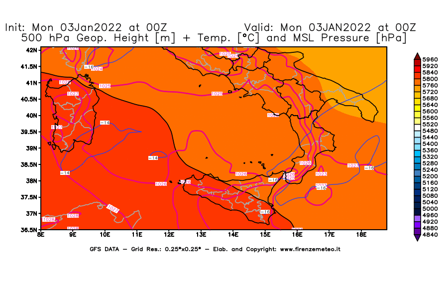 Mappa di analisi GFS - Geopotenziale [m] + Temp. [°C] a 500 hPa + Press. a livello del mare [hPa] in Sud-Italia
							del 03/01/2022 00 <!--googleoff: index-->UTC<!--googleon: index-->