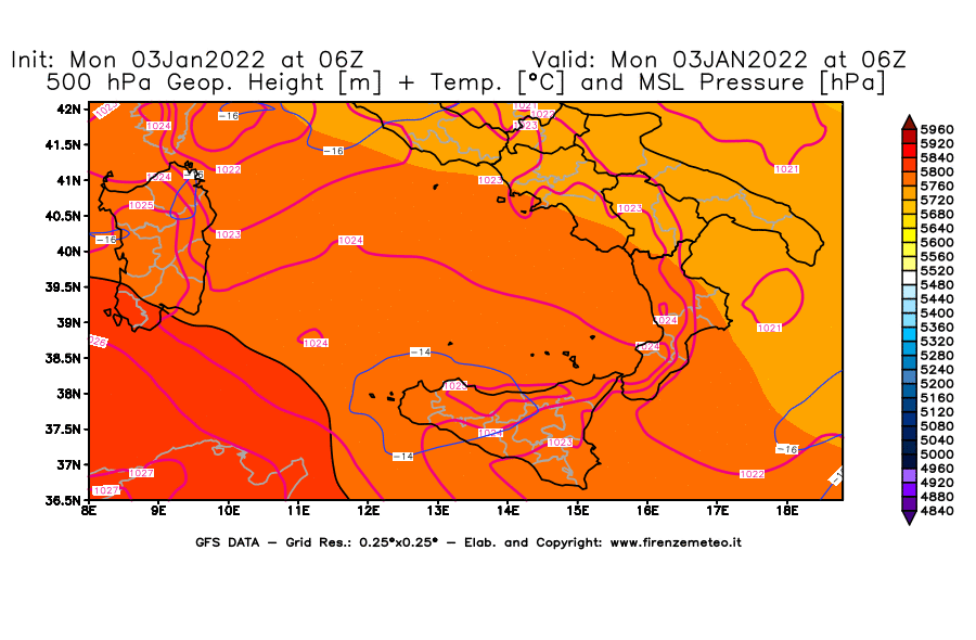 Mappa di analisi GFS - Geopotenziale [m] + Temp. [°C] a 500 hPa + Press. a livello del mare [hPa] in Sud-Italia
							del 03/01/2022 06 <!--googleoff: index-->UTC<!--googleon: index-->