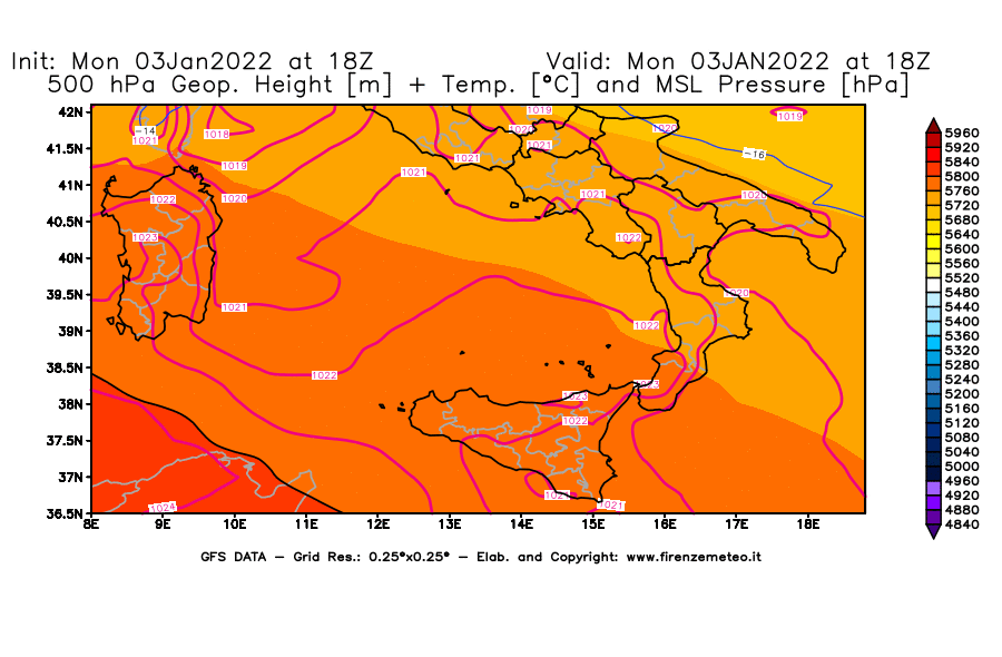 Mappa di analisi GFS - Geopotenziale [m] + Temp. [°C] a 500 hPa + Press. a livello del mare [hPa] in Sud-Italia
							del 03/01/2022 18 <!--googleoff: index-->UTC<!--googleon: index-->