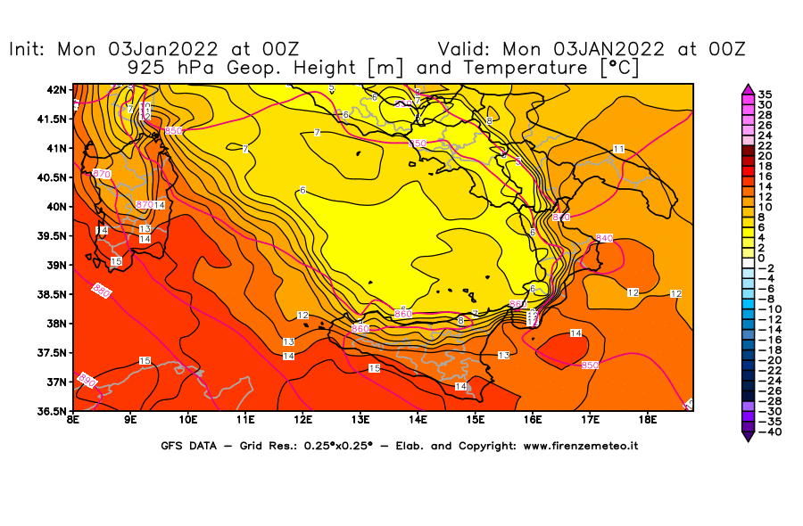 Mappa di analisi GFS - Geopotenziale [m] e Temperatura [°C] a 925 hPa in Sud-Italia
							del 03/01/2022 00 <!--googleoff: index-->UTC<!--googleon: index-->