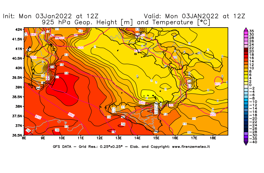 Mappa di analisi GFS - Geopotenziale [m] e Temperatura [°C] a 925 hPa in Sud-Italia
							del 03/01/2022 12 <!--googleoff: index-->UTC<!--googleon: index-->