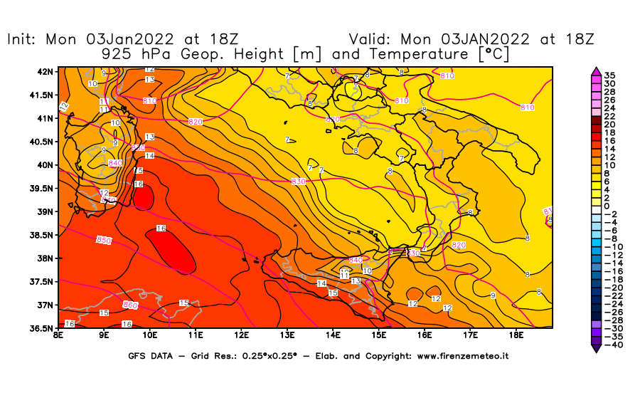 Mappa di analisi GFS - Geopotenziale [m] e Temperatura [°C] a 925 hPa in Sud-Italia
							del 03/01/2022 18 <!--googleoff: index-->UTC<!--googleon: index-->