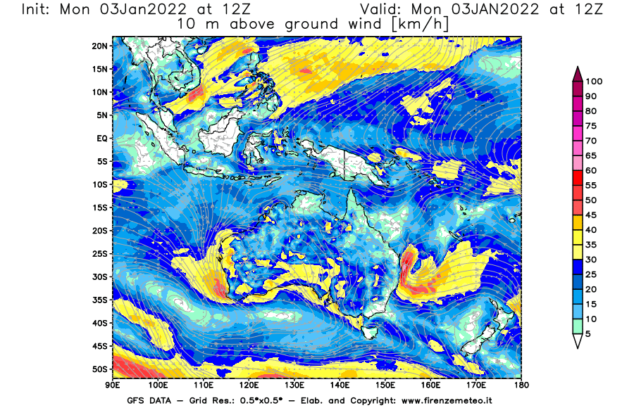 Mappa di analisi GFS - Velocità del vento a 10 metri dal suolo [km/h] in Oceania
							del 03/01/2022 12 <!--googleoff: index-->UTC<!--googleon: index-->