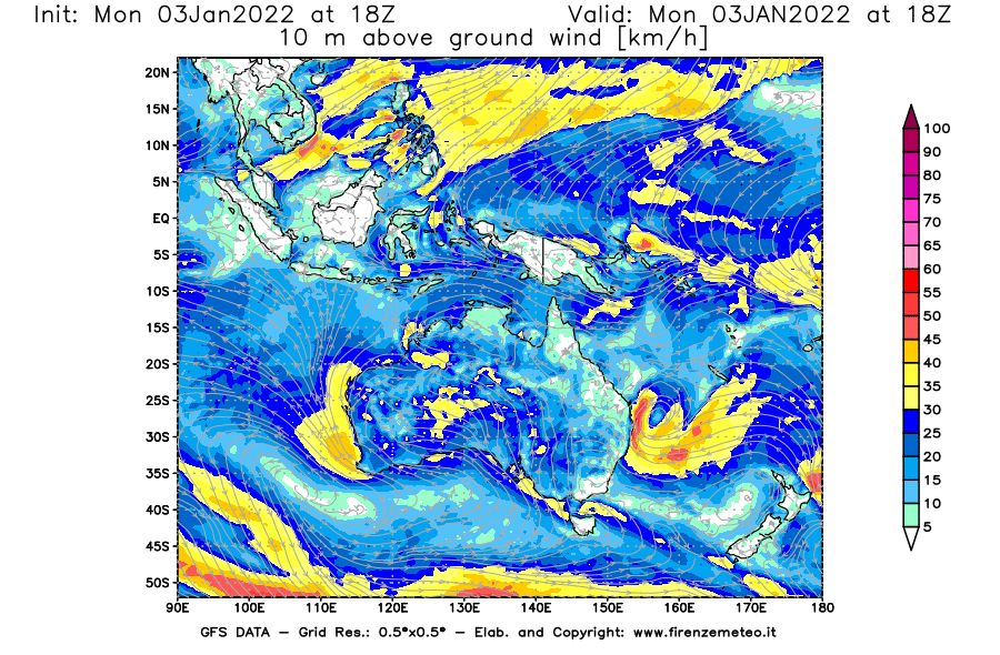 Mappa di analisi GFS - Velocità del vento a 10 metri dal suolo [km/h] in Oceania
							del 03/01/2022 18 <!--googleoff: index-->UTC<!--googleon: index-->