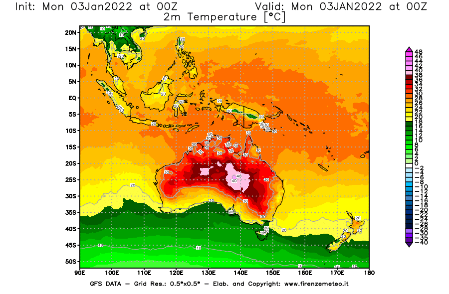 Mappa di analisi GFS - Temperatura a 2 metri dal suolo [°C] in Oceania
							del 03/01/2022 00 <!--googleoff: index-->UTC<!--googleon: index-->