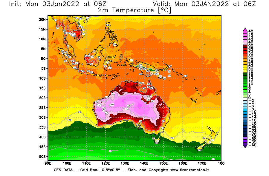 Mappa di analisi GFS - Temperatura a 2 metri dal suolo [°C] in Oceania
							del 03/01/2022 06 <!--googleoff: index-->UTC<!--googleon: index-->