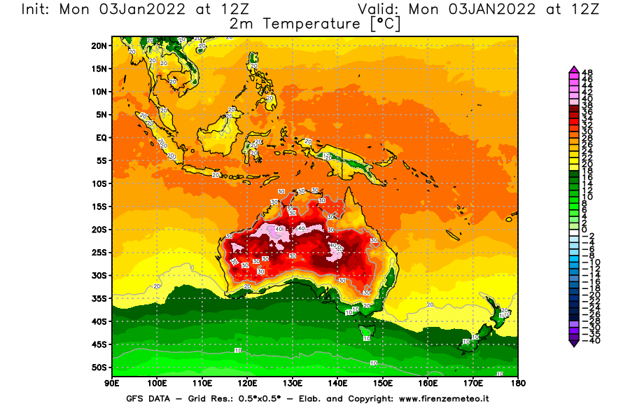 Mappa di analisi GFS - Temperatura a 2 metri dal suolo [°C] in Oceania
							del 03/01/2022 12 <!--googleoff: index-->UTC<!--googleon: index-->