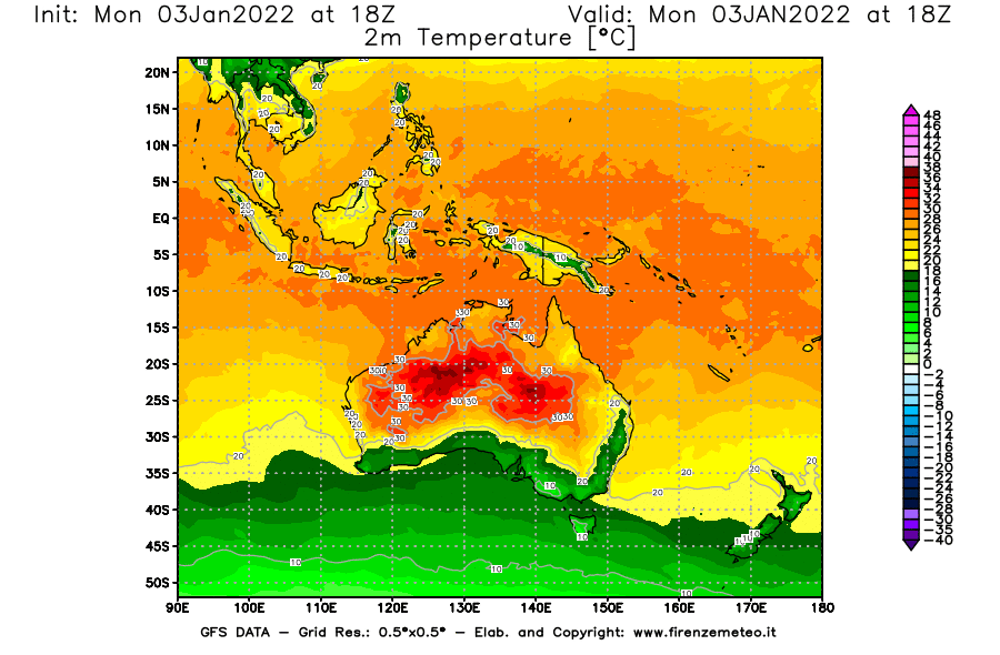 Mappa di analisi GFS - Temperatura a 2 metri dal suolo [°C] in Oceania
							del 03/01/2022 18 <!--googleoff: index-->UTC<!--googleon: index-->