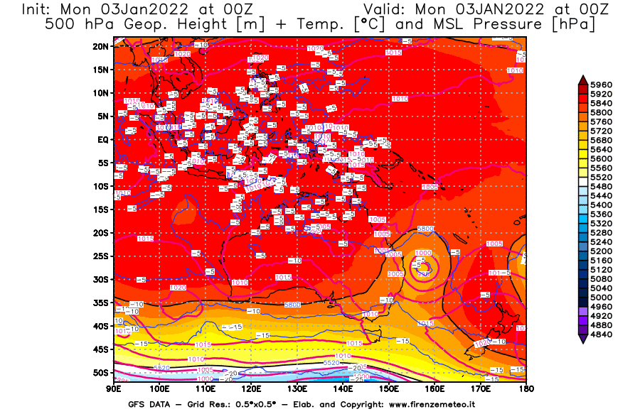 Mappa di analisi GFS - Geopotenziale [m] + Temp. [°C] a 500 hPa + Press. a livello del mare [hPa] in Oceania
							del 03/01/2022 00 <!--googleoff: index-->UTC<!--googleon: index-->