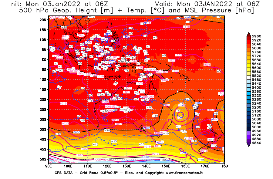 Mappa di analisi GFS - Geopotenziale [m] + Temp. [°C] a 500 hPa + Press. a livello del mare [hPa] in Oceania
							del 03/01/2022 06 <!--googleoff: index-->UTC<!--googleon: index-->