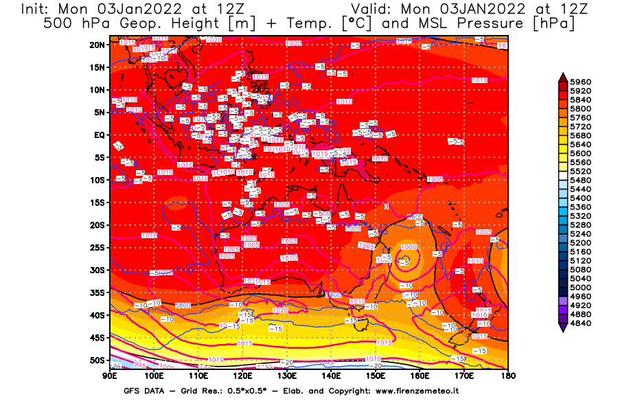Mappa di analisi GFS - Geopotenziale [m] + Temp. [°C] a 500 hPa + Press. a livello del mare [hPa] in Oceania
							del 03/01/2022 12 <!--googleoff: index-->UTC<!--googleon: index-->