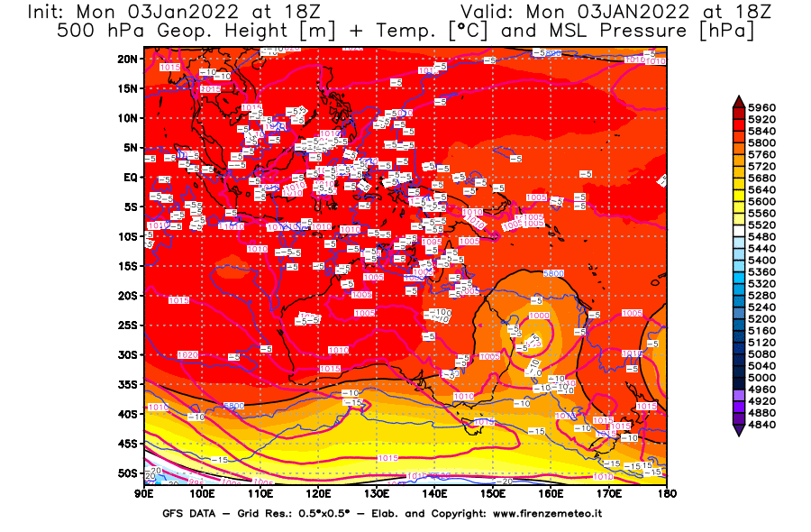 Mappa di analisi GFS - Geopotenziale [m] + Temp. [°C] a 500 hPa + Press. a livello del mare [hPa] in Oceania
							del 03/01/2022 18 <!--googleoff: index-->UTC<!--googleon: index-->