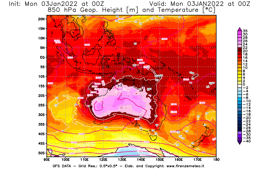 Mappa di analisi GFS - Geopotenziale [m] e Temperatura [°C] a 850 hPa in Oceania
							del 03/01/2022 00 <!--googleoff: index-->UTC<!--googleon: index-->