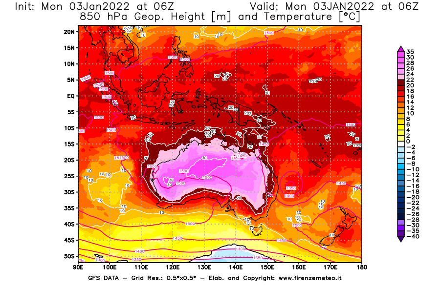 Mappa di analisi GFS - Geopotenziale [m] e Temperatura [°C] a 850 hPa in Oceania
							del 03/01/2022 06 <!--googleoff: index-->UTC<!--googleon: index-->