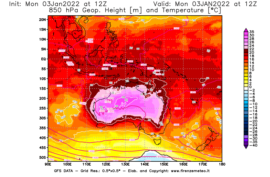 Mappa di analisi GFS - Geopotenziale [m] e Temperatura [°C] a 850 hPa in Oceania
							del 03/01/2022 12 <!--googleoff: index-->UTC<!--googleon: index-->