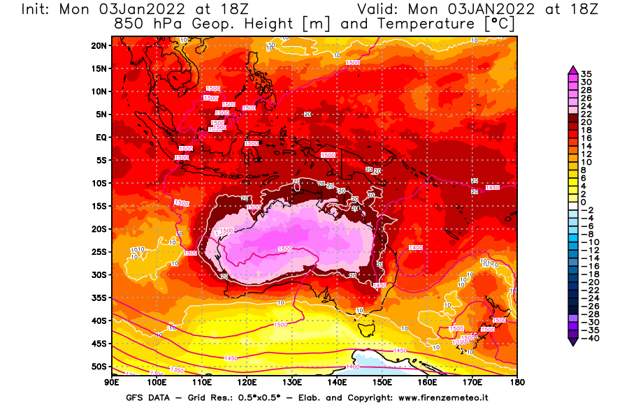 Mappa di analisi GFS - Geopotenziale [m] e Temperatura [°C] a 850 hPa in Oceania
							del 03/01/2022 18 <!--googleoff: index-->UTC<!--googleon: index-->