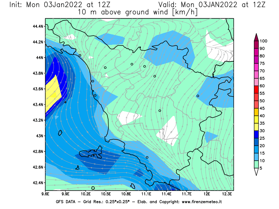 Mappa di analisi GFS - Velocità del vento a 10 metri dal suolo [km/h] in Toscana
							del 03/01/2022 12 <!--googleoff: index-->UTC<!--googleon: index-->