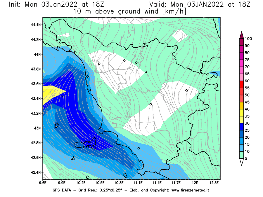 Mappa di analisi GFS - Velocità del vento a 10 metri dal suolo [km/h] in Toscana
							del 03/01/2022 18 <!--googleoff: index-->UTC<!--googleon: index-->