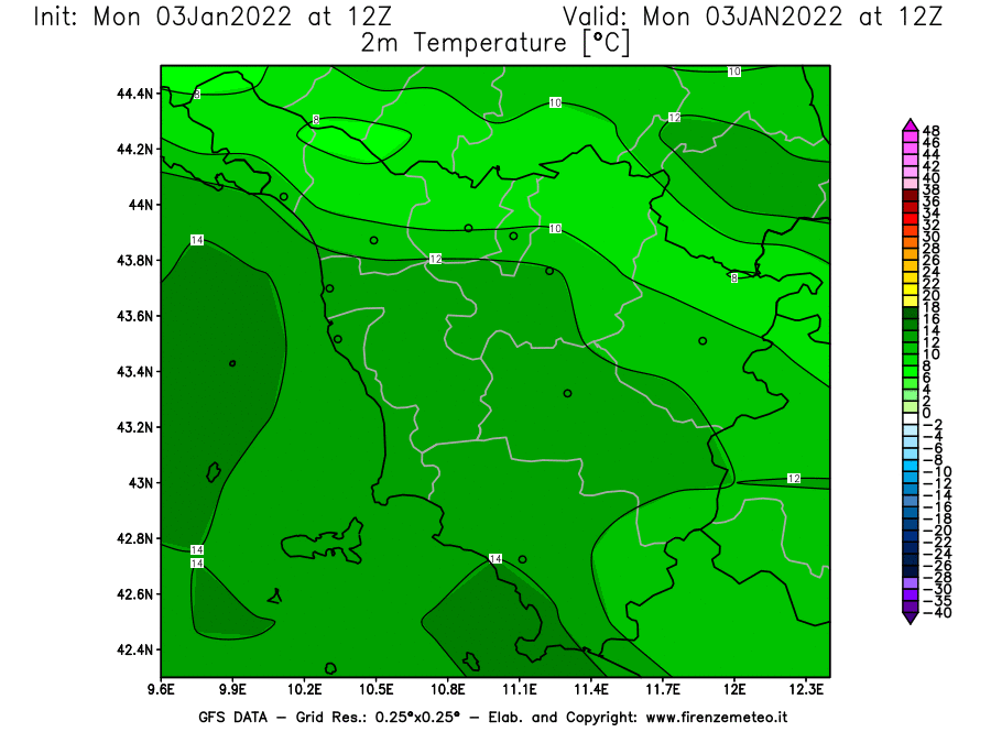 Mappa di analisi GFS - Temperatura a 2 metri dal suolo [°C] in Toscana
							del 03/01/2022 12 <!--googleoff: index-->UTC<!--googleon: index-->