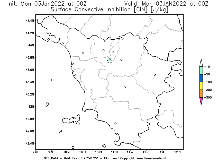 Mappa di analisi GFS - CIN [J/kg] in Toscana
							del 03/01/2022 00 <!--googleoff: index-->UTC<!--googleon: index-->