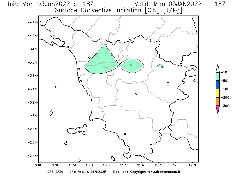 Mappa di analisi GFS - CIN [J/kg] in Toscana
							del 03/01/2022 18 <!--googleoff: index-->UTC<!--googleon: index-->