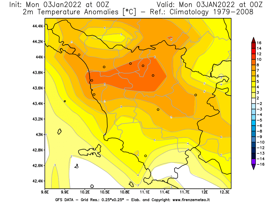 Mappa di analisi GFS - Anomalia Temperatura [°C] a 2 m in Toscana
							del 03/01/2022 00 <!--googleoff: index-->UTC<!--googleon: index-->