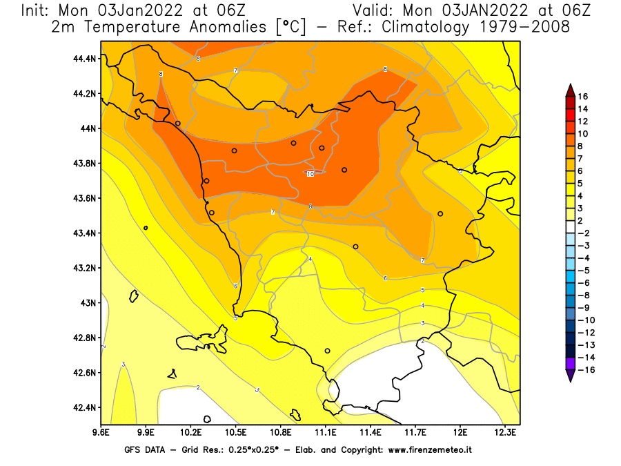 Mappa di analisi GFS - Anomalia Temperatura [°C] a 2 m in Toscana
							del 03/01/2022 06 <!--googleoff: index-->UTC<!--googleon: index-->
