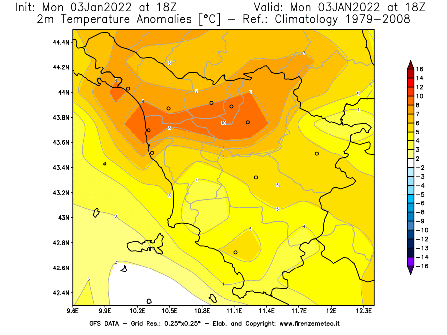 Mappa di analisi GFS - Anomalia Temperatura [°C] a 2 m in Toscana
							del 03/01/2022 18 <!--googleoff: index-->UTC<!--googleon: index-->