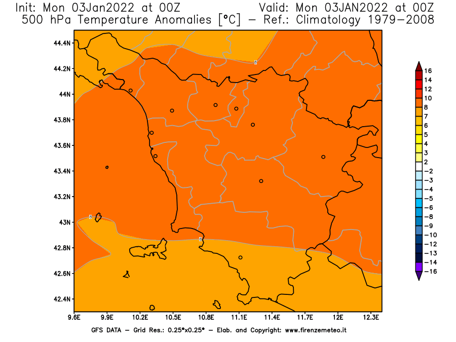 Mappa di analisi GFS - Anomalia Temperatura [°C] a 500 hPa in Toscana
							del 03/01/2022 00 <!--googleoff: index-->UTC<!--googleon: index-->