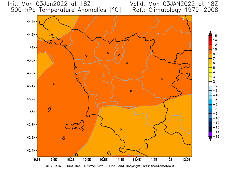 Mappa di analisi GFS - Anomalia Temperatura [°C] a 500 hPa in Toscana
							del 03/01/2022 18 <!--googleoff: index-->UTC<!--googleon: index-->