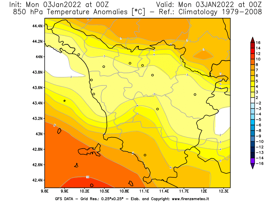 Mappa di analisi GFS - Anomalia Temperatura [°C] a 850 hPa in Toscana
							del 03/01/2022 00 <!--googleoff: index-->UTC<!--googleon: index-->