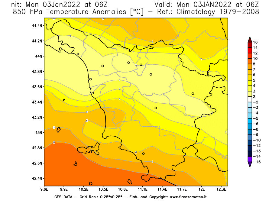 Mappa di analisi GFS - Anomalia Temperatura [°C] a 850 hPa in Toscana
							del 03/01/2022 06 <!--googleoff: index-->UTC<!--googleon: index-->