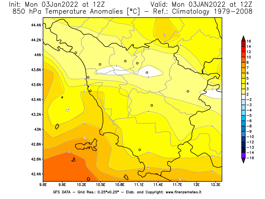 Mappa di analisi GFS - Anomalia Temperatura [°C] a 850 hPa in Toscana
							del 03/01/2022 12 <!--googleoff: index-->UTC<!--googleon: index-->