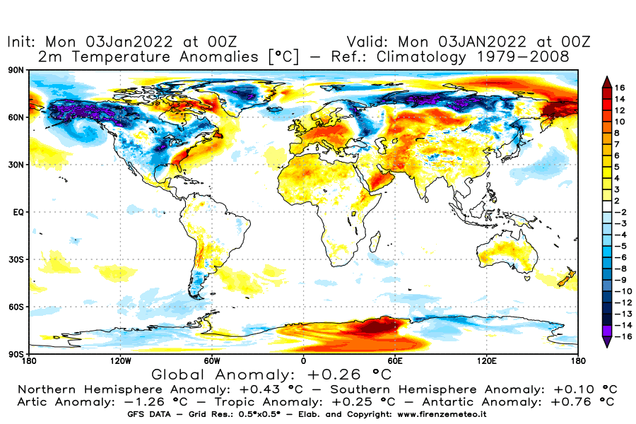 Mappa di analisi GFS - Anomalia Temperatura [°C] a 2 m in World
							del 03/01/2022 00 <!--googleoff: index-->UTC<!--googleon: index-->