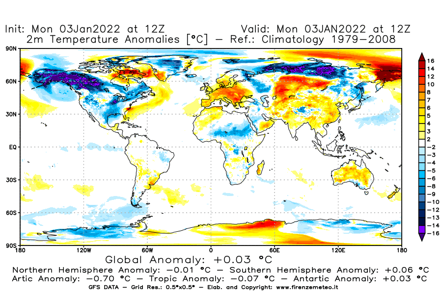 Mappa di analisi GFS - Anomalia Temperatura [°C] a 2 m in World
							del 03/01/2022 12 <!--googleoff: index-->UTC<!--googleon: index-->