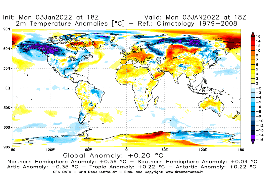 Mappa di analisi GFS - Anomalia Temperatura [°C] a 2 m in World
							del 03/01/2022 18 <!--googleoff: index-->UTC<!--googleon: index-->