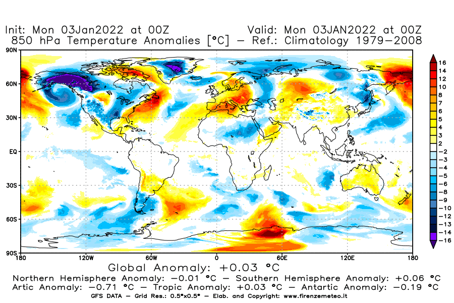 Mappa di analisi GFS - Anomalia Temperatura [°C] a 850 hPa in World
							del 03/01/2022 00 <!--googleoff: index-->UTC<!--googleon: index-->