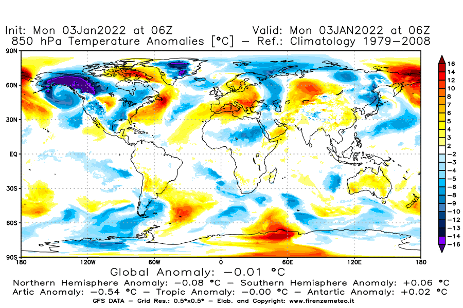 Mappa di analisi GFS - Anomalia Temperatura [°C] a 850 hPa in World
							del 03/01/2022 06 <!--googleoff: index-->UTC<!--googleon: index-->