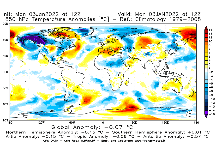 Mappa di analisi GFS - Anomalia Temperatura [°C] a 850 hPa in World
							del 03/01/2022 12 <!--googleoff: index-->UTC<!--googleon: index-->